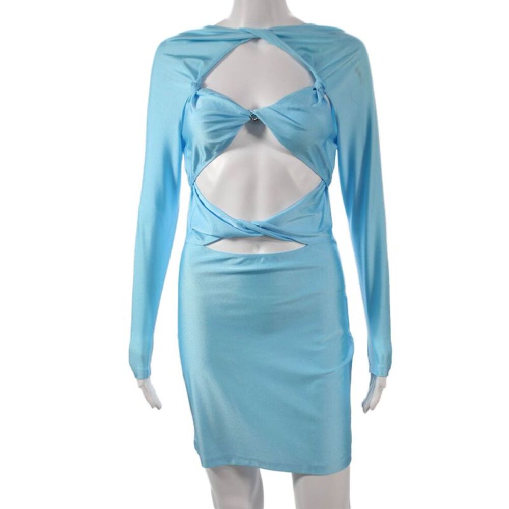 Coperni Women Blue Bodycon Square Neck Long Sleeve Mini Dress Size M